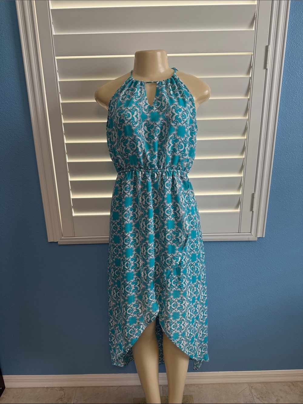 Turquoise Halter High-Low Dress with White Print. I miss Charming Charlie’s 😩